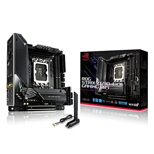 Produktbild: ASUS ROG STRIX Z690-I GAMING WIFI Mainboard Sockel Intel LGA 1700 (Mini-ITX, Intel Z690, DDR5, PCIe 5.0, WiFi 6E, 2x M2., Thunderbolt 4, Aura Sync RGB-Beleuchtung)
