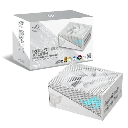 Produktbild: ASUS ROG Strix 1000G Aura White Edition vollmodulares Gaming Netzteil (1000W, Aura Sync ARGB Beleuchtung, ATX 3.0, PCIe 5.0 Ready, inkl. 16-pol. Kabel, 80+ Gold Zertifizierung,Lambda A+Zertifizierung)