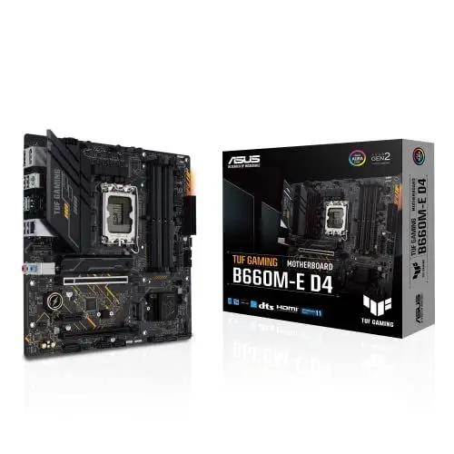 Produktbild: ASUS TUF GAMING B660M-E D4 Mainboard Sockel Intel LGA 1700 (Intel B660, mATX, DDR4 Speicher, PCIe 4.0, 2x M.2, Aura Sync)