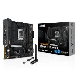 Produktbild: ASUS TUF Gaming B760M-PLUS WiFi II Mainboard Intel B760 LGA 1700 mATX (PCIe 5.0, M.2, DDR5, WiFi 6E, Q-Antenne, Realtek 2,5 GB Ethernet, DP, HDMI, SATA 6 Gbit/s, USB Typ-C, Thunderbolt 4, Aura Sync)
