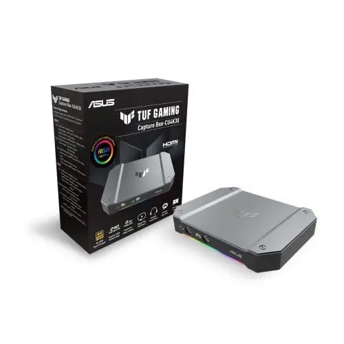 Produktbild: ASUS TUF Gaming Capture Box (CU4K30) Streaming Box (bis zu 4K, bis zu 240Hz, 2x 3,5mm-Anschluss, kompatibel mit OBS Studio, RGB Beleuchtung, kompaktes Design)