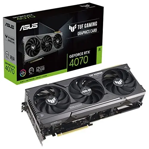 Produktbild: ASUS TUF Gaming GeForce RTX 4070 12GB GDDR6X Gaming Grafikkarte (NVIDIA GeForce RTX4070 DLSS 3, PCIe 4.0, 1x HDMI 2.1, 3X DisplayPort 1.4a, TUF-RTX4070-12G-GAMING)