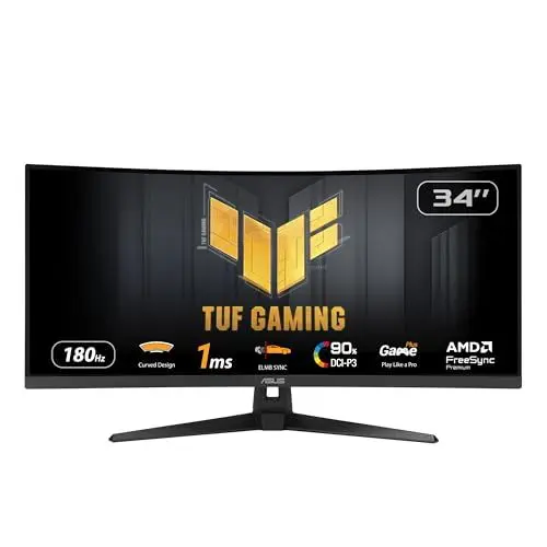 Produktbild: ASUS TUF Gaming VG34VQ3B - 34 Zoll UWQHD Curved Monitor - 180 Hz, 1ms MPRT, FreeSync, ELMB, DisplayHDR 400 - VA Panel, 21:9, 3440x1440, DisplayPort, HDMI, USB, ergonomisch, Speaker