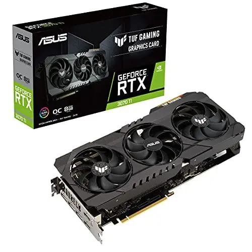 Produktbild: ASUS TUF GeForce RTX 3070 TI 8GB OC Version Gaming Grafikkarte (Nvidia Ampere, PCIe 4.0, DLSS, Raytracing, GDDR6 Speicher, 2x HDMI 2.1, 3x DisplayPort 1.4a, TUF-RTX3070TI-O8G-GAMING)