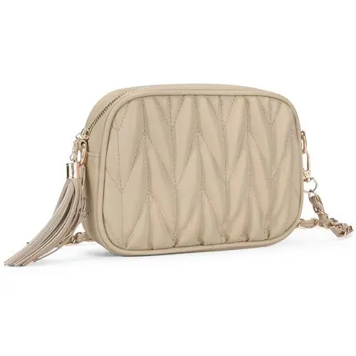Produktbild: Asvert Damen Umhängetasche, Gesteppte Umhängetasche Handtaschen, Schultertasche Trendy Abendbeutel Leder, Geldbörse mit langkettigem Riemen (Beige)