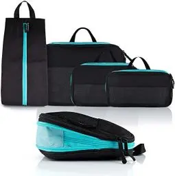 Produktbild: Atacama® Premium Kompressions-Packwürfel-Set: Die ultimative Reiselösung mit Spezial-Reißverschlüssen & Dual-Taschen, Packtaschen mit Kompression für Rucksack & Koffer Schwarz-Türkis (4er-Set)