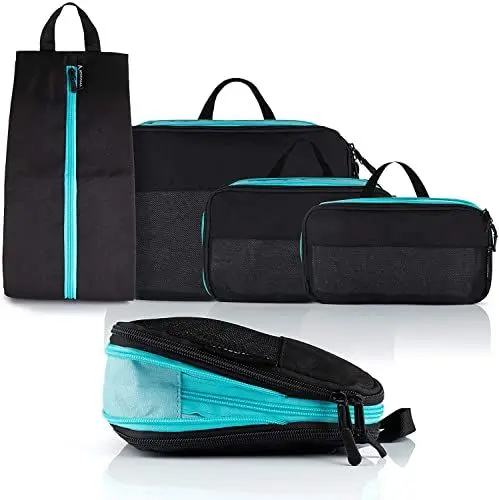 Produktbild: Atacama® Premium Kompressions-Packwürfel-Set: Die ultimative Reiselösung mit Spezial-Reißverschlüssen & Dual-Taschen, Packtaschen mit Kompression für Rucksack & Koffer Schwarz-Türkis (4er-Set)