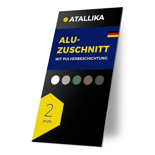 Produktbild: ATALLIKA Aluminium Platte beschichtet (Tiefschwarz, 200x100 mm) - 2mm dickes Alublech mit einseitiger Pulver-Beschichtung (wetterfest, Outdoor & Indoor) - präziser Blech-Zuschnitt aus Deutschland