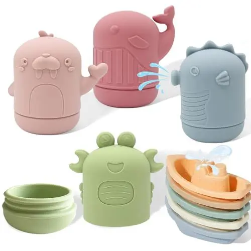 Produktbild: ATAUSD 9 Stück Badewannenspielzeug, Badespielzeug Silikon Badewanne Spielzeug, Baby Badewannenspielzeug Spritztiere Boot Wasserspielzeug Geschenke für Babys Kleinkinder, Ozean