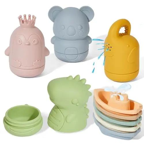 Produktbild: ATAUSD 9 Stück Badewannenspielzeug, Badespielzeug Silikon Badewanne Spielzeug, Baby Badewannenspielzeug Spritztiere Boot Wasserspielzeug Geschenke für Babys Kleinkinder, Tiere