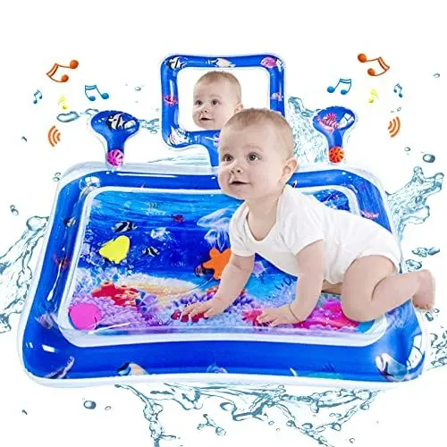 Produktbild: ATAUSD Wassermatte Baby BPA-frei, Wasserspielmatte Baby Spielzeug mit Spiegel und Glocke, Aufblasbare Bauchzeit Matte Spielzeug, für Baby ab 3 6 9 Monate, 70 x 50cm, Oktopus