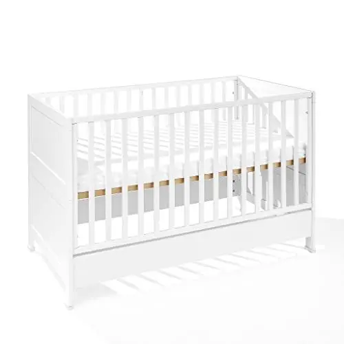 Produktbild: ATB MEBLE Babybett mit Matratze und Matratzenschoner - Beistellbett Baby aus Holz - Bett Baby Mitwachsend - Kinderbett umbaubar - Vier Matratzenhöhe Ebenen - Gitterbett für Babyzimmer -140x70 Weiß
