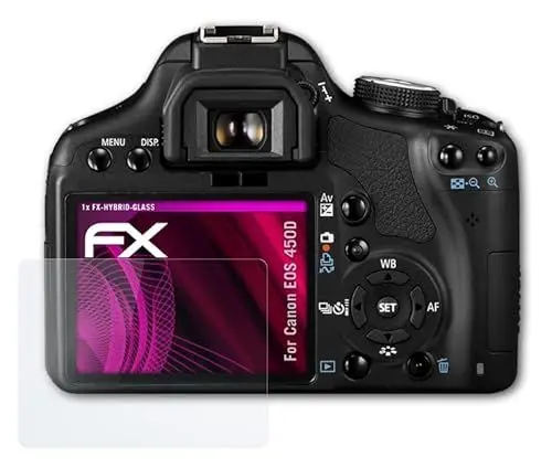 Produktbild: atFoliX Glasfolie kompatibel mit Canon EOS 450D / Rebel XSi Panzerfolie, 9H Hybrid-Glass FX Schutzpanzer Folie