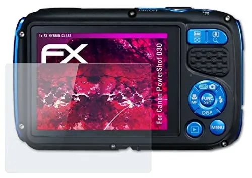 Produktbild: atFoliX Glasfolie kompatibel mit Canon PowerShot D30 Panzerfolie, 9H Hybrid-Glass FX Schutzpanzer Folie