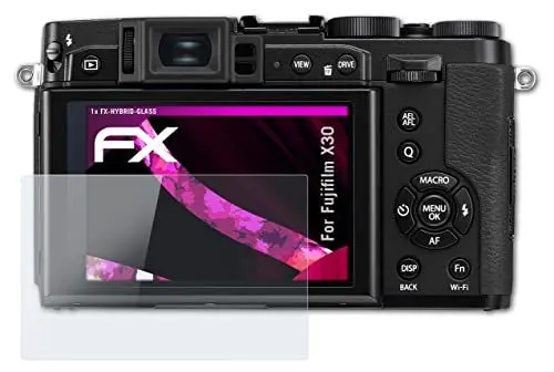 Produktbild: atFoliX Glasfolie kompatibel mit Fujifilm X30 Panzerfolie, 9H Hybrid-Glass FX Schutzpanzer Folie