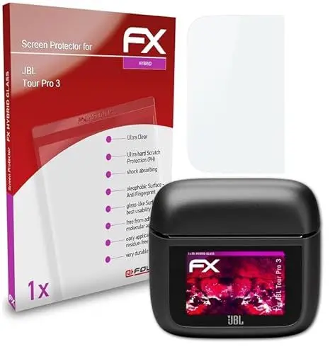 Produktbild: atFoliX Glasfolie kompatibel mit JBL Tour Pro 3 Panzerfolie, 9H Hybrid-Glass FX Schutzpanzer Folie