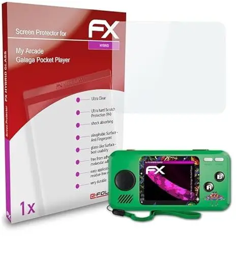 Produktbild: atFoliX Glasfolie kompatibel mit My Arcade Galaga Pocket Player Panzerfolie, 9H Hybrid-Glass FX Schutzpanzer Folie