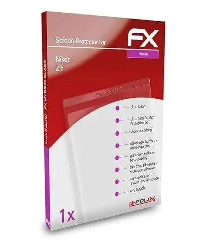 Produktbild: atFoliX Glasfolie kompatibel mit Nikon Z f Panzerfolie, 9H Hybrid-Glass FX Schutzpanzer Folie (1er Set)