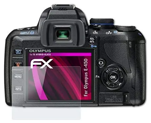 Produktbild: atFoliX Glasfolie kompatibel mit Olympus E-450 Panzerfolie, 9H Hybrid-Glass FX Schutzpanzer Folie