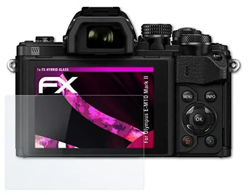 Produktbild: atFoliX Glasfolie kompatibel mit Olympus E-M10 Mark II Panzerfolie, 9H Hybrid-Glass FX Schutzpanzer Folie