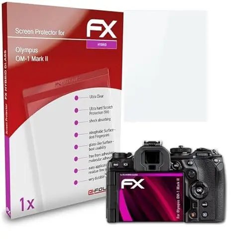 Produktbild: atFoliX Glasfolie kompatibel mit Olympus OM-1 Mark II Panzerfolie, 9H Hybrid-Glass FX Schutzpanzer Folie