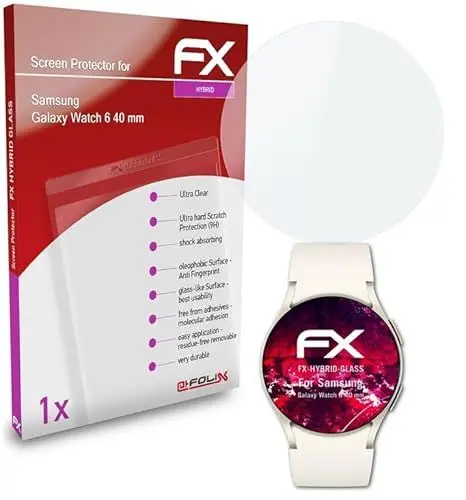 Produktbild: atFoliX Glasfolie kompatibel mit Samsung Galaxy Watch 6 40 mm Panzerfolie, 9H Hybrid-Glass FX Schutzpanzer Folie