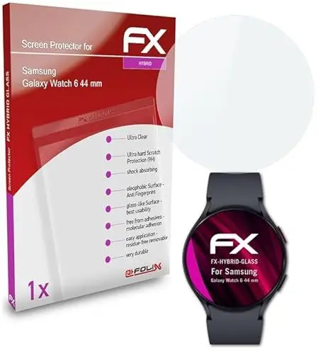 Produktbild: atFoliX Glasfolie kompatibel mit Samsung Galaxy Watch 6 44 mm Panzerfolie, 9H Hybrid-Glass FX Schutzpanzer Folie