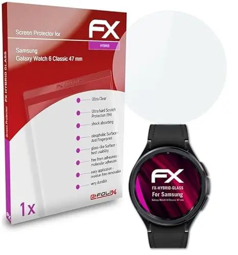 Produktbild: atFoliX Glasfolie kompatibel mit Samsung Galaxy Watch 6 Classic 47 mm Panzerfolie, 9H Hybrid-Glass FX Schutzpanzer Folie