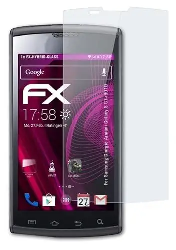 Produktbild: atFoliX Glasfolie kompatibel mit Samsung Giorgio Armani Galaxy S GT-i9010 Panzerfolie, 9H Hybrid-Glass FX Schutzpanzer Folie