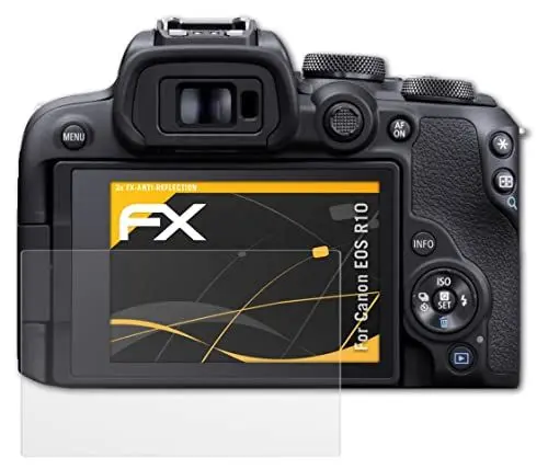 Produktbild: atFoliX Panzerfolie kompatibel mit Canon EOS R10 Schutzfolie, entspiegelnde und stoßdämpfende FX Folie (3X)