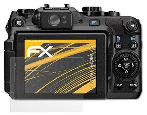 Produktbild: atFoliX Panzerfolie kompatibel mit Canon PowerShot G12 Schutzfolie, entspiegelnde und stoßdämpfende FX Folie (3X)
