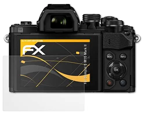 Produktbild: atFoliX Panzerfolie kompatibel mit Olympus E-M10 Mark II Schutzfolie, entspiegelnde und stoßdämpfende FX Folie (3X)