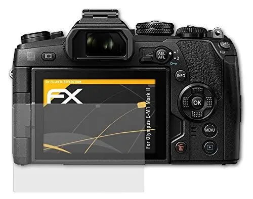 Produktbild: atFoliX Panzerfolie kompatibel mit Olympus E-M1 Mark II Schutzfolie, entspiegelnde und stoßdämpfende FX Folie (3X)