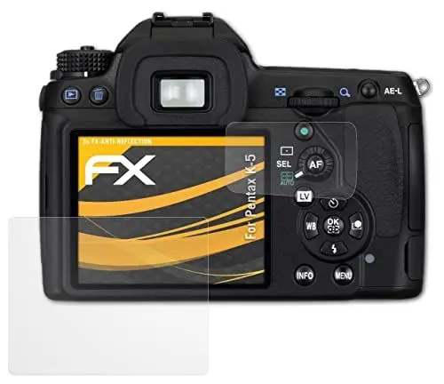 Produktbild: atFoliX Panzerfolie kompatibel mit Pentax K-5 Schutzfolie, entspiegelnde und stoßdämpfende FX Folie (3er Set)