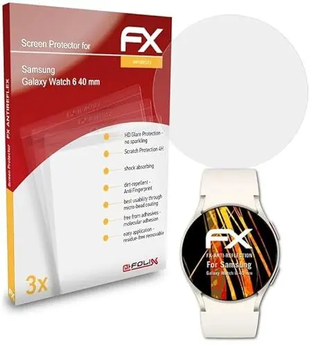 Produktbild: atFoliX Panzerfolie kompatibel mit Samsung Galaxy Watch 6 40 mm Schutzfolie, entspiegelnde und stoßdämpfende FX Folie (3X)