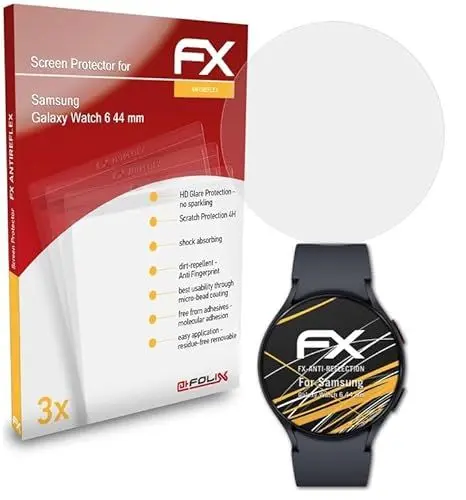 Produktbild: atFoliX Panzerfolie kompatibel mit Samsung Galaxy Watch 6 44 mm Schutzfolie, entspiegelnde und stoßdämpfende FX Folie (3X)