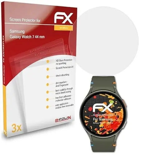 Produktbild: atFoliX Panzerfolie kompatibel mit Samsung Galaxy Watch 7 44 mm Schutzfolie, entspiegelnde und stoßdämpfende FX Folie (3X)