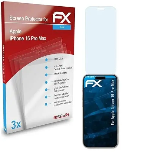 Produktbild: atFoliX Schutzfolie kompatibel mit Apple iPhone 16 Pro Max Folie, ultraklare FX Displayschutzfolie (3X)