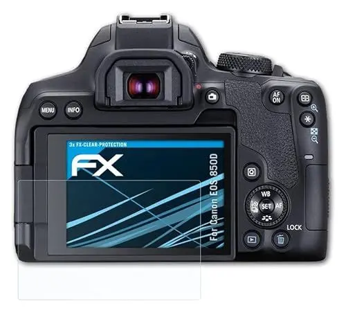 Produktbild: atFoliX Schutzfolie kompatibel mit Canon EOS 850D Folie, ultraklare FX Displayschutzfolie (3X)
