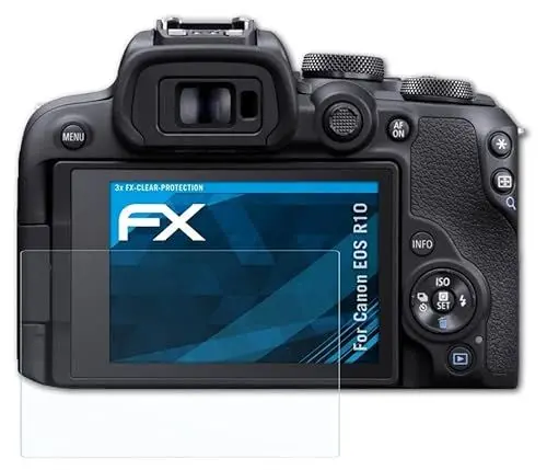 Produktbild: atFoliX Schutzfolie kompatibel mit Canon EOS R10 Folie, ultraklare FX Displayschutzfolie (3X)