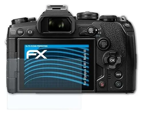 Produktbild: atFoliX Schutzfolie kompatibel mit Olympus E-M1 Mark III Folie, ultraklare FX Displayschutzfolie (3X)