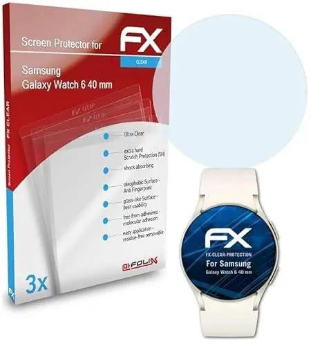 Produktbild: atFoliX Schutzfolie kompatibel mit Samsung Galaxy Watch 6 40 mm Folie, ultraklare FX Displayschutzfolie (3X)