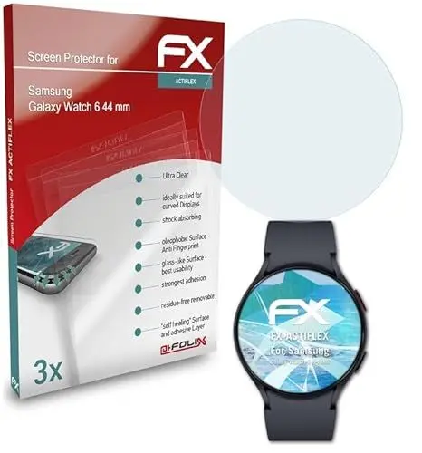 Produktbild: atFoliX Schutzfolie kompatibel mit Samsung Galaxy Watch 6 44 mm Folie, ultraklare und flexible FX Displayschutzfolie (3X)