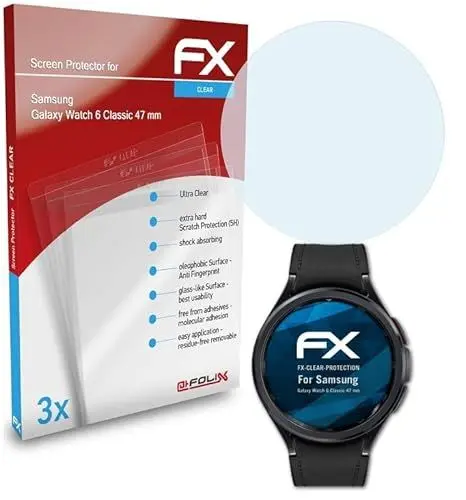Produktbild: atFoliX Schutzfolie kompatibel mit Samsung Galaxy Watch 6 Classic 47 mm Folie, ultraklare FX Displayschutzfolie (3X)