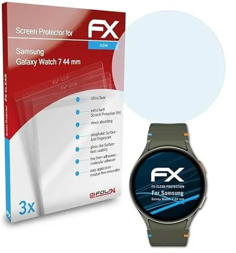 Produktbild: atFoliX Schutzfolie kompatibel mit Samsung Galaxy Watch 7 44 mm Folie, ultraklare FX Displayschutzfolie (3X)