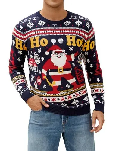 Produktbild: Atforna Weihnachtspullover Herren Ugly Christmas Sweater Lustig Weihnachtspulli Rundhals Strickpullover mit Schneeflocke Weich Christmas Jumper Langarm Pullover für Weihnachten Party Marineblau S