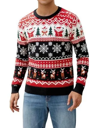 Produktbild: Atforna Weihnachtspullover Herren Ugly Christmas Sweater Lustig Weihnachtspulli Rundhals Strickpullover mit Schneeflocke Weich Christmas Jumper Langarm Pullover für Weihnachten Party Schwarz XL