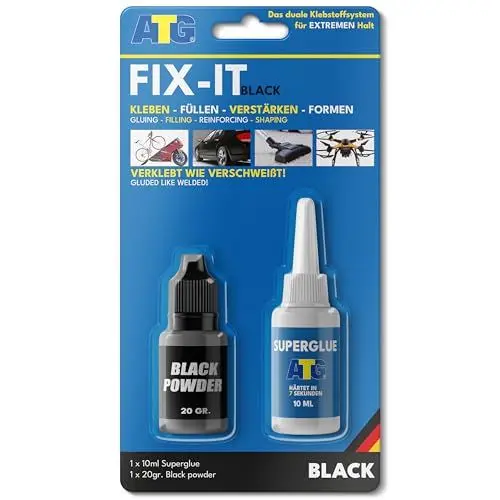 Produktbild: ATG® Sekundenkleber extra stark - Professioneller zwei Komponentenkleber für Kunststoff Glas Porzellan - Praktischer Alleskleber extra stark wasserfest - 10ml Industriekleber & 20g schwarzes Granulat