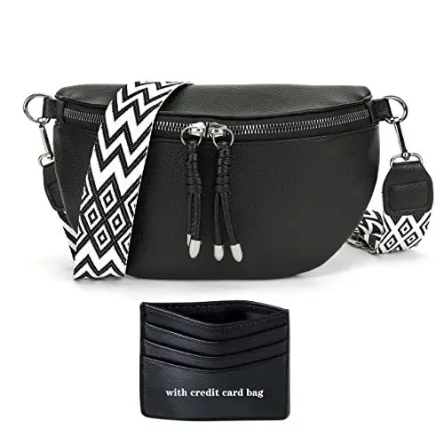 Produktbild: Atgbiem Bauchtasche Damen Schwarz Umhängetaschen Damen Crossbody Bag Damen Breiter Gurt Brusttasche Damen Gürteltasche Veganes Leder Kreditkartenpaket senden