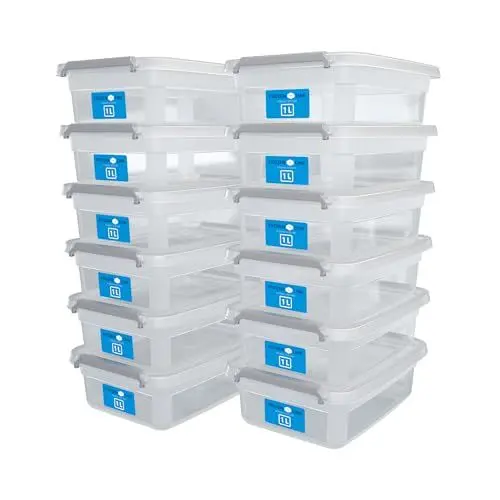 Produktbild: ATHLON TOOLS 12x 1L Aufbewahrungsboxen mit Deckel klein – 100% Neumaterial - transparent - BPA Frei – stapelbare Behälter – graue Verschlussclips – nahezu Luftdicht - Organizer